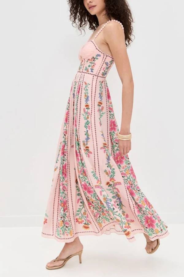 Val Printed Sweetheart Neck Beaded Straps Maxi Dress