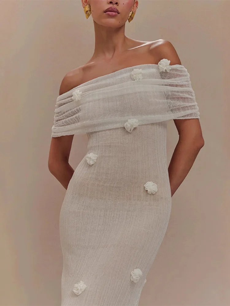Gia 3D Flower Off Shoulder Knitted Long Maxi Dress