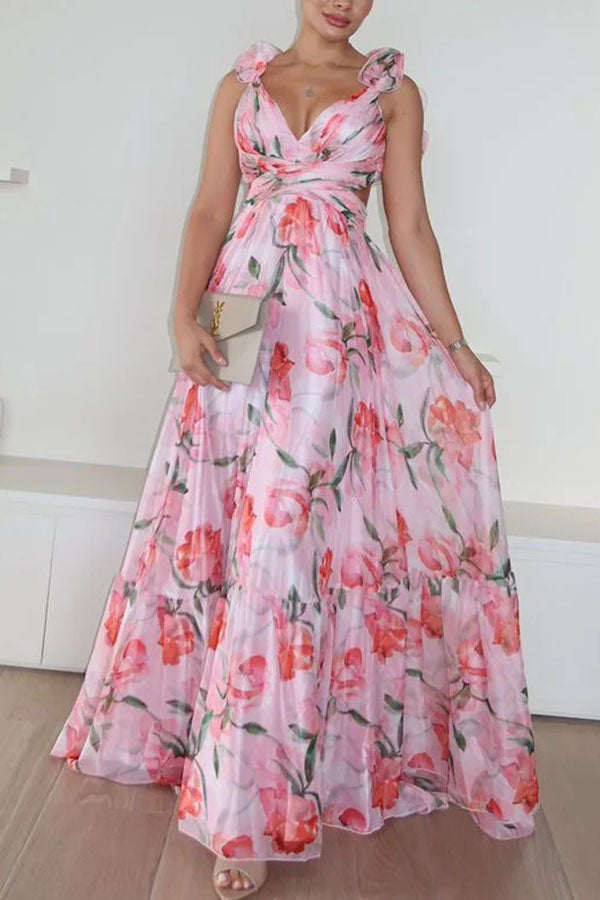 Grace Tulle Floral Ruffle Lace-up Maxi Dress