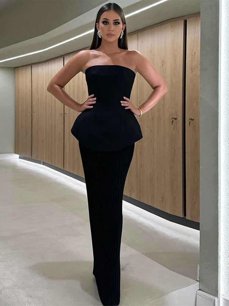 Nadia Elegant Tube Top High Waist Pleated Skirt Two Piece Set