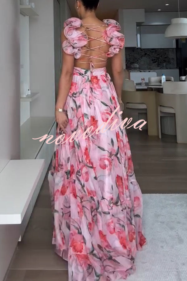 Grace Tulle Floral Ruffle Lace-up Maxi Dress