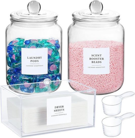 Glass Jars and Dryer Sheet Holder, Dispenser Set with Lids and Labels, Containers for Laundry Room Organization and Storage, Half Gallon Airtight Glass Jars, Laundry Beads Pods Acrylic Storage Box for Laundry Supplies,