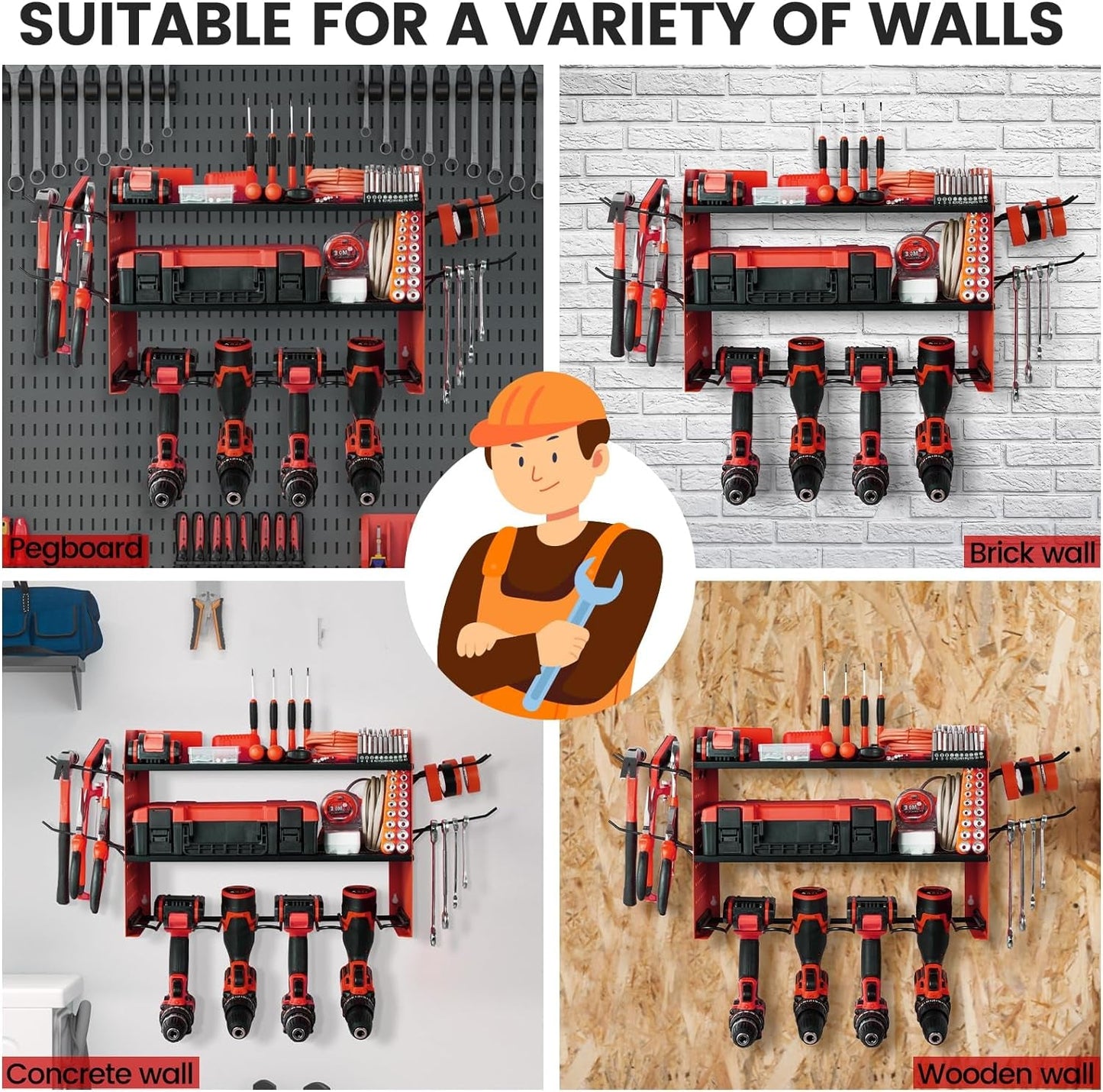 Power Tool Organizer, 3-Tier Drill Holder Wall Mount with 2 Red Side Pegboards, Tool Organizers and Storage for Garage, Tool Room, Workshop, Gifts for Men, Dad, Father, Husband, Brother,