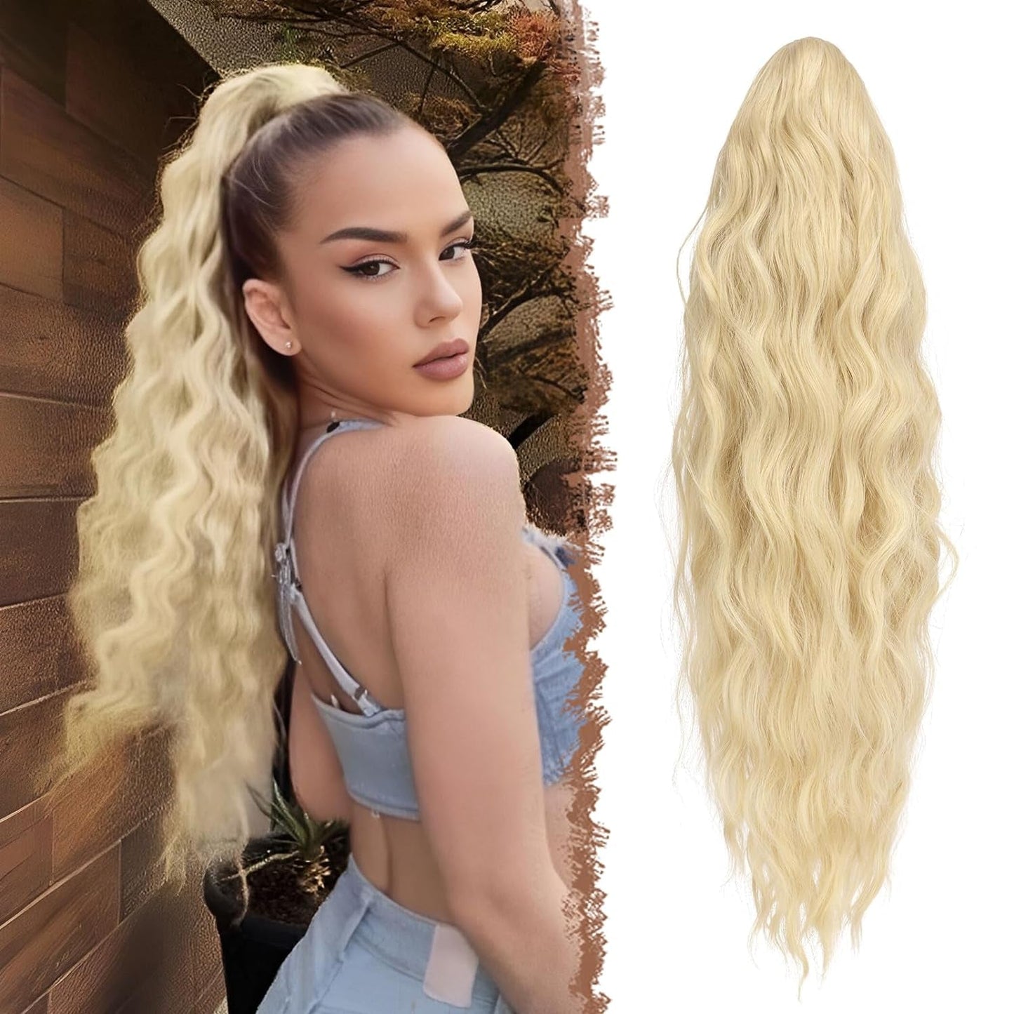 Long Ponytail Extensions, Drawstring Clip in Curly Wavy Hairpieces Synthetic Ponytails Hair Piece Pony Tail Extension for Women, Platinum Blonde 26 Inch