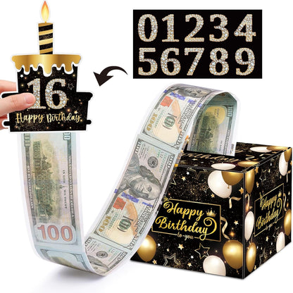 Birthday Money Gift Box with DIY Stickers for Any Ages, Surprise Money Holder for Cash Gift with Pull Out Happy Birthday Card and 100Pcs Bags - a Fun Way to Gift Cash for Birthdays