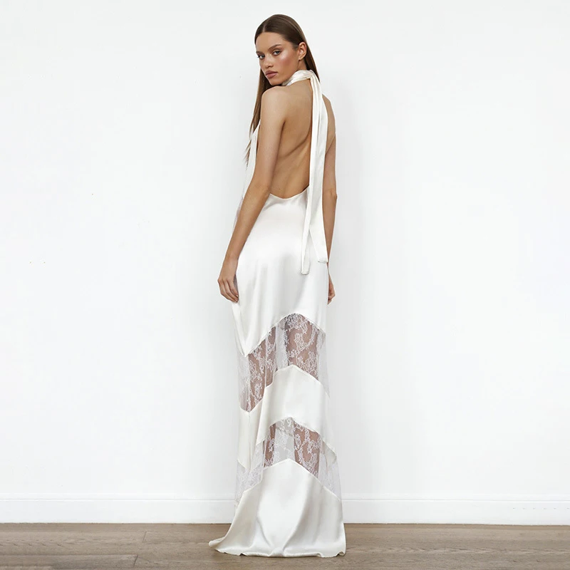 Daphne Lace Spliced Halter Long Sheer Dress