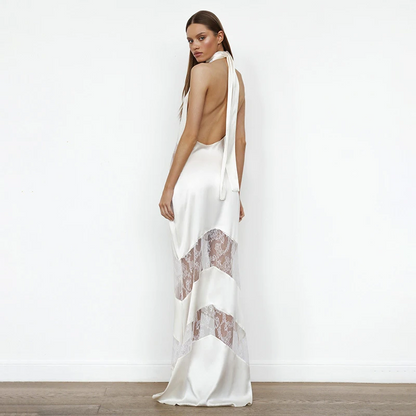 Daphne Lace Spliced Halter Long Sheer Dress