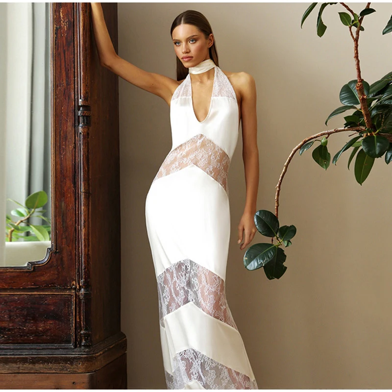 Daphne Lace Spliced Halter Long Sheer Dress