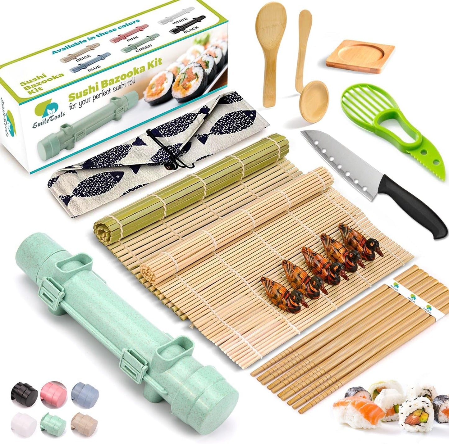 Sushi Making Kit, 22 in 1 Sushi Roller Maker Bazooker Kit with Bamboo Mats, Chef'S Knife, Chopsticks, Sauce Dishes, Rice Spreader, Avocado Slicer for Beginners, Family, Friends, Home