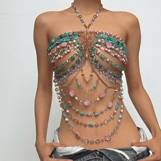 Crystal Beaded Stone Top Necklace