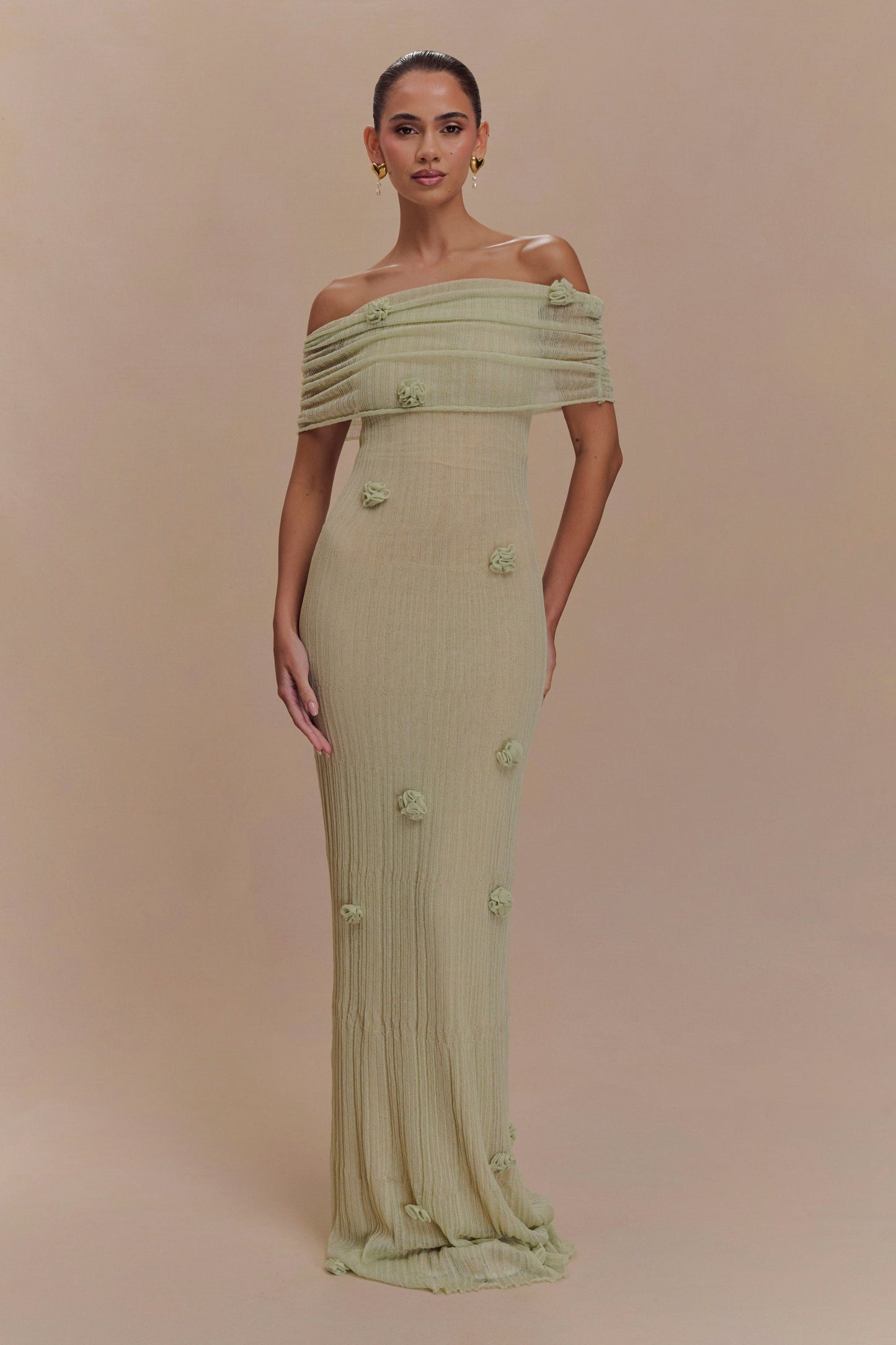 Gia 3D Flower Off Shoulder Knitted Long Maxi Dress