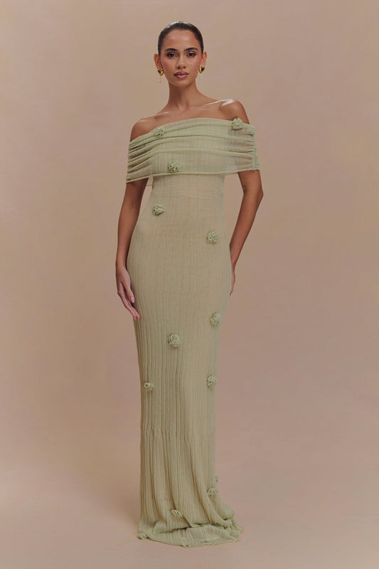 Gia 3D Flower Off Shoulder Knitted Long Maxi Dress