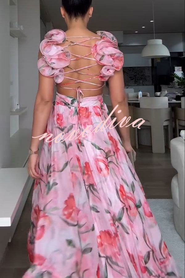 Grace Tulle Floral Ruffle Lace-up Maxi Dress