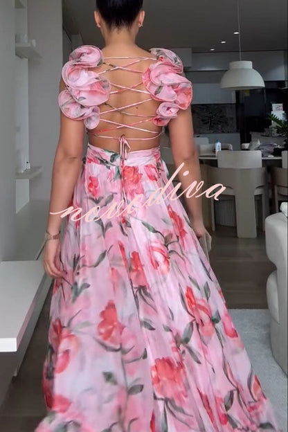 Grace Tulle Floral Ruffle Lace-up Maxi Dress