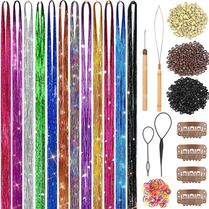 Hair Tinsel Kit (48 Inch,12 Colors, 3600 Strands), Fairy Tinsel Hair Extensions with Tools - Glitter Hair Tinsel Kit Heat Resistant Accessories for Girls Women Kids Christmas New Year