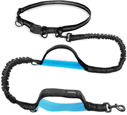 Hands Free Dog Running Leash with Adjustable Waist Belt, Dual Handle Elastic Bungees Retractable Rope for Medium and Large Dogs, Reflective Stitches for Walking Hiking Biking