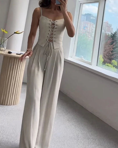 Sommer Hollow Lace Top & Pants Two-Piece Set