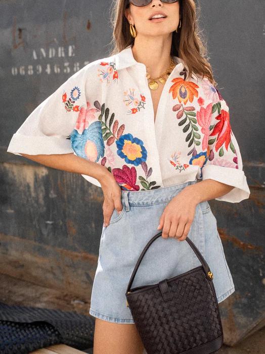 Dana Button Down Floral Print Short Sleeve Top