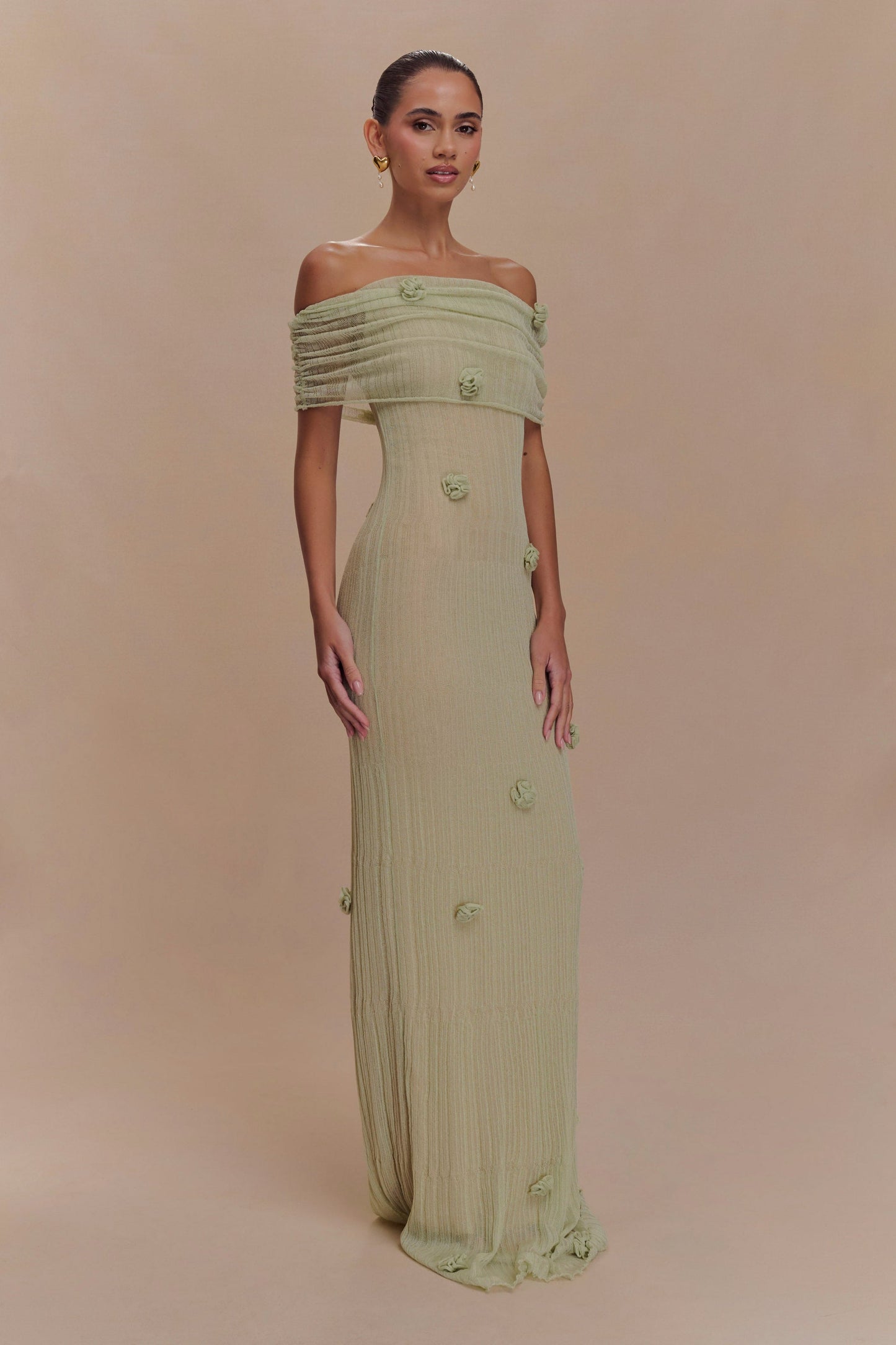 Gia 3D Flower Off Shoulder Knitted Long Maxi Dress