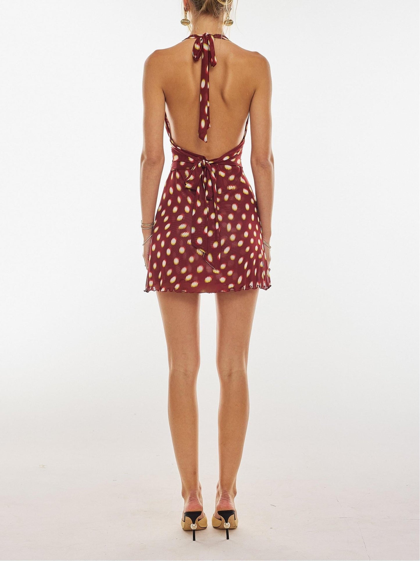 Nancy Sculpted Satin Halter Polka Dot Mini Dress