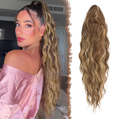 Long Ponytail Extensions, Drawstring Clip in Curly Wavy Hairpieces Synthetic Ponytails Hair Piece Pony Tail Extension for Women, Platinum Blonde 26 Inch