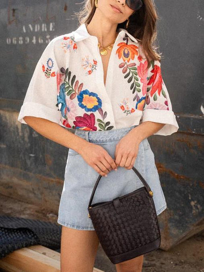 Dana Button Down Floral Print Short Sleeve Top