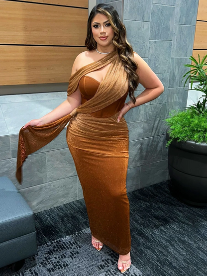 Kylie Sleeveless Tube Top Draped Bodycon Glitter Long Dress