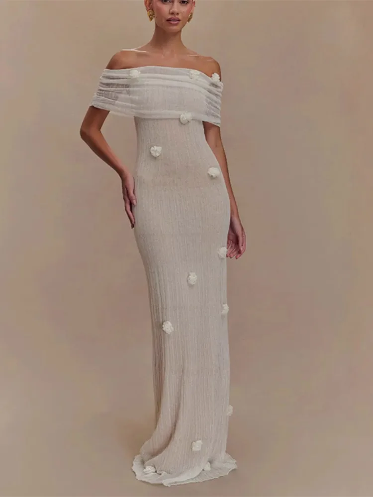 Gia 3D Flower Off Shoulder Knitted Long Maxi Dress