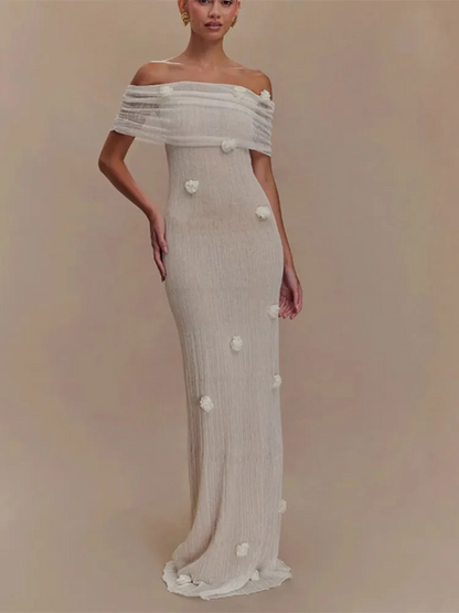 Gia 3D Flower Off Shoulder Knitted Long Maxi Dress