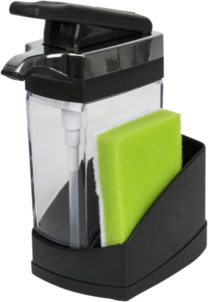 Sink Sider Solo Kitchen Soap Pump and Sponge Caddy, Black/Chrome - 2-In-1 Soap and Sponge Caddy, One-Hand Soap Dispensing, Ergonomic Design, Easy to Refill and Clean, Efficient Size