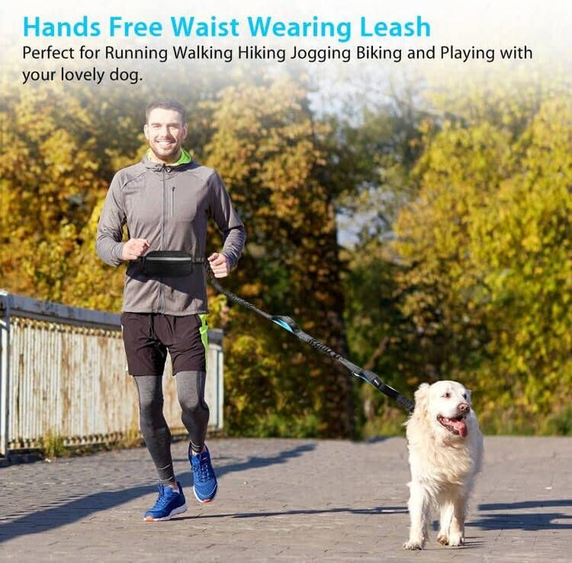 Hands Free Dog Running Leash with Adjustable Waist Belt, Dual Handle Elastic Bungees Retractable Rope for Medium and Large Dogs, Reflective Stitches for Walking Hiking Biking