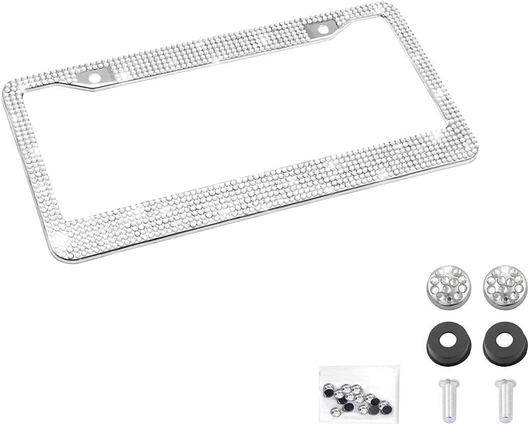 Bling Car License Plate Frame, Handcrafted Crystal Stainless Steel, Sparkly, Durable, Universal Fit, Car Accessories for Girls, Women (Pink)