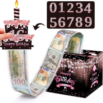 Birthday Money Gift Box with DIY Stickers for Any Ages, Surprise Money Holder for Cash Gift with Pull Out Happy Birthday Card and 100Pcs Bags - a Fun Way to Gift Cash for Birthdays