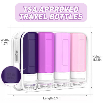 Travel Bottles for Toiletries, 3Oz Tsa Approved Travel Size Containers, BPA Free Leak Proof Travel Containers for Toiletries, Refillable Travel Accessories for Shampoo Conditioner Purple