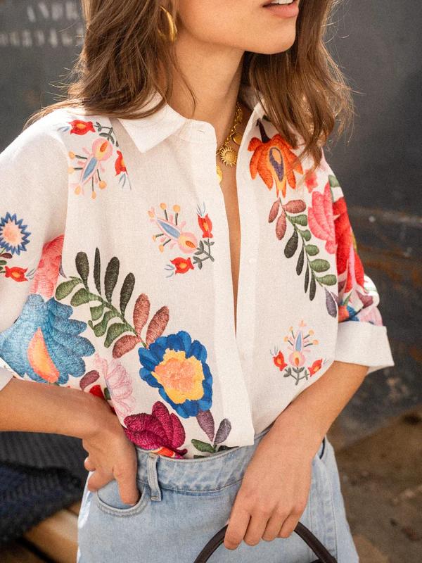 Dana Button Down Floral Print Short Sleeve Top