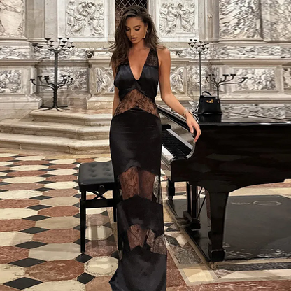 Daphne Lace Spliced Halter Long Sheer Dress