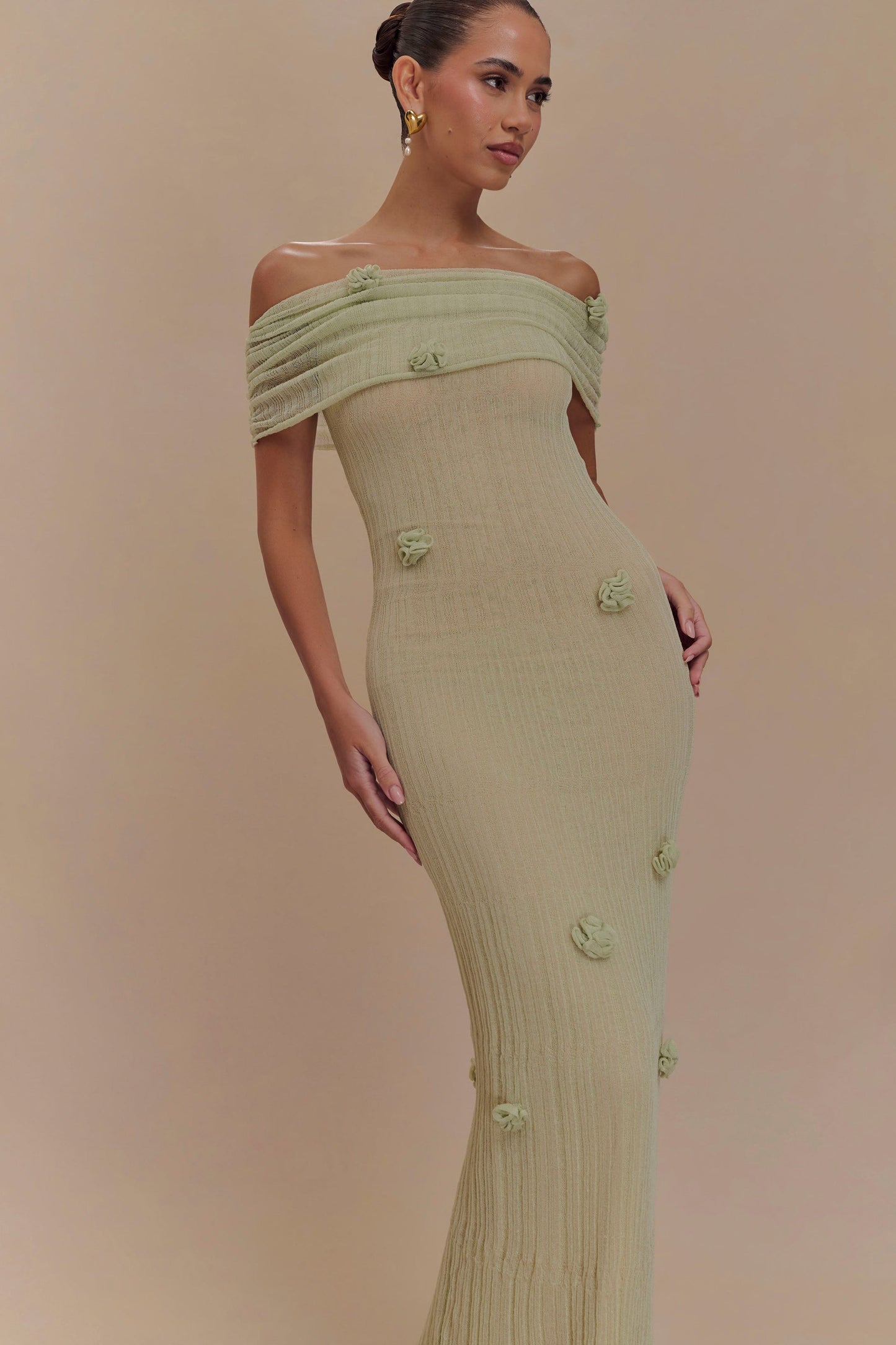 Gia 3D Flower Off Shoulder Knitted Long Maxi Dress