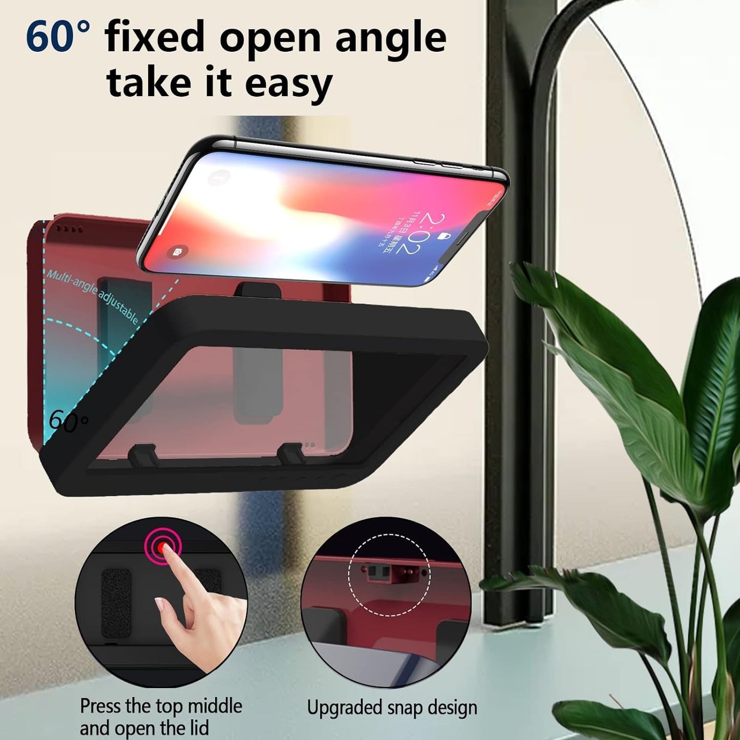 Shower Phone Holder Waterproof - anti Fog High Sensitivity Touch Screen, 360°Rotation Wall Mount Shower Case for Phone for Bathroom Wall Mirror Bathtub Kitchen, Compatible with under 7 Inch(Black)