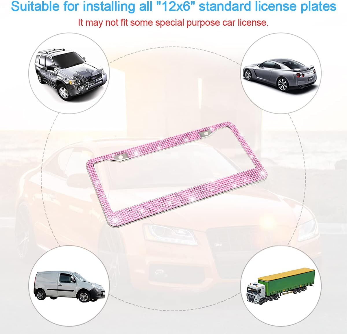 Bling Car License Plate Frame, Handcrafted Crystal Stainless Steel, Sparkly, Durable, Universal Fit, Car Accessories for Girls, Women (Pink)