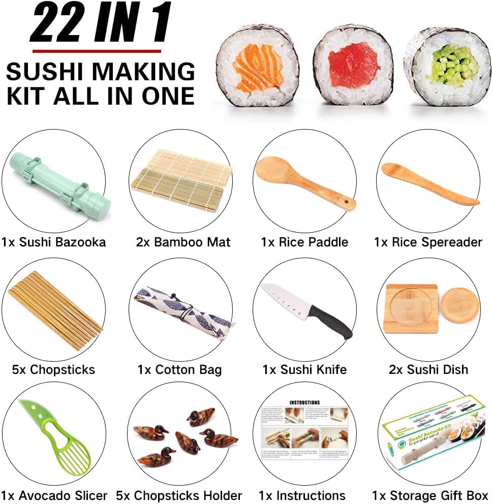 Sushi Making Kit, 22 in 1 Sushi Roller Maker Bazooker Kit with Bamboo Mats, Chef'S Knife, Chopsticks, Sauce Dishes, Rice Spreader, Avocado Slicer for Beginners, Family, Friends, Home