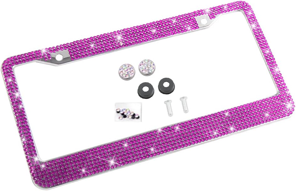 Bling Car License Plate Frame, Handcrafted Crystal Stainless Steel, Sparkly, Durable, Universal Fit, Car Accessories for Girls, Women (Pink)