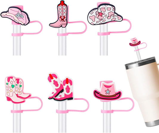 6Pcs Pink Cowgirl Straw Toppers for Stanley Cup 30 Oz 40 Oz, Cowgirl Boots and Hats Straw Toppers Reusable Straw Cover Caps Accessories Gifts for Girls and Women