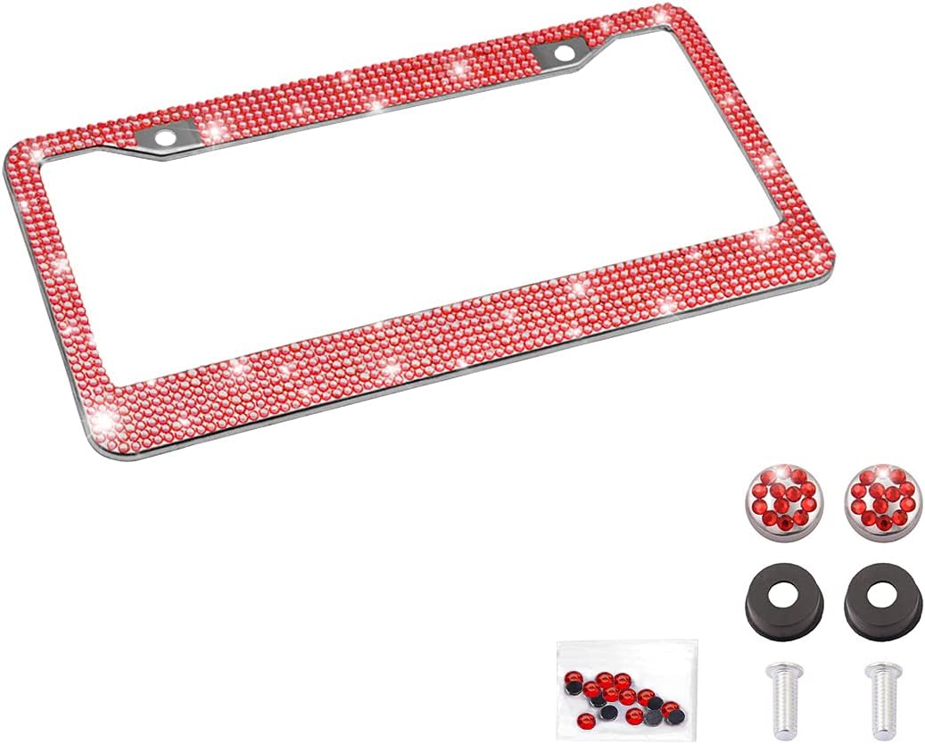 Bling Car License Plate Frame, Handcrafted Crystal Stainless Steel, Sparkly, Durable, Universal Fit, Car Accessories for Girls, Women (Pink)