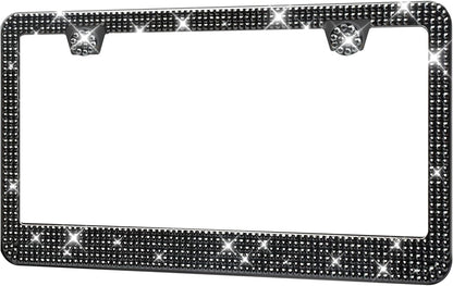 License Plate Frame - Lastingly Bling and Sparkly License Plate Frame for Women, Stainless Steel & Obstruction-Free Frame with Multifaceted Rhinestones,Black, 2 Pack