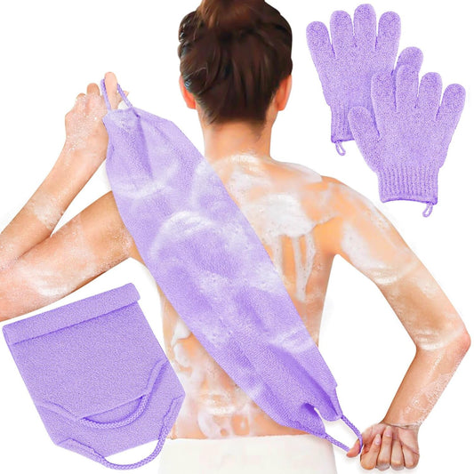 Exfoliating Back Scrubber Bath Gloves Set, Exfoliating Shower Towel with Shower Gloves for Body Scrub, Back Cleaner Wash Gloves to Remove Dead Skin (Purple)