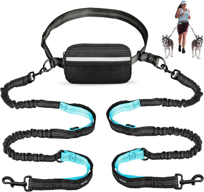 Hands Free Dog Running Leash with Adjustable Waist Belt, Dual Handle Elastic Bungees Retractable Rope for Medium and Large Dogs, Reflective Stitches for Walking Hiking Biking