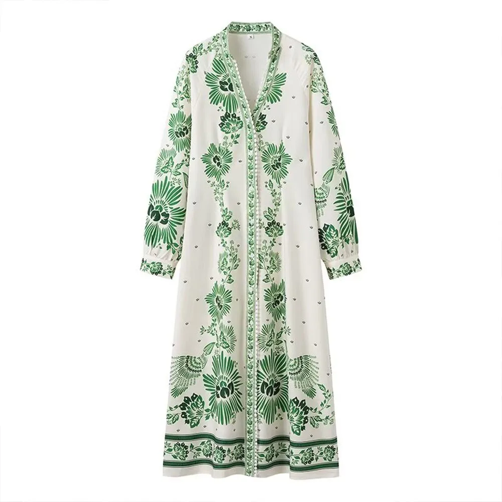 Dalia Long Lantern Sleeve Green Print Dress
