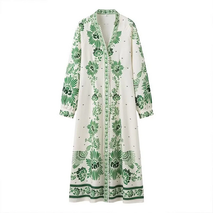 Dalia Long Lantern Sleeve Green Print Dress