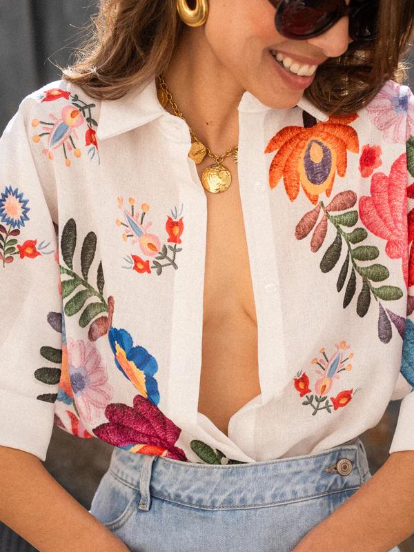 Dana Button Down Floral Print Short Sleeve Top
