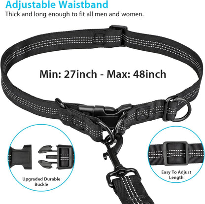 Hands Free Dog Running Leash with Adjustable Waist Belt, Dual Handle Elastic Bungees Retractable Rope for Medium and Large Dogs, Reflective Stitches for Walking Hiking Biking